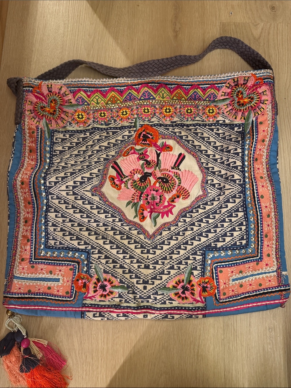 Embroidered Boho Tote Beach Bag - Pink & Blue